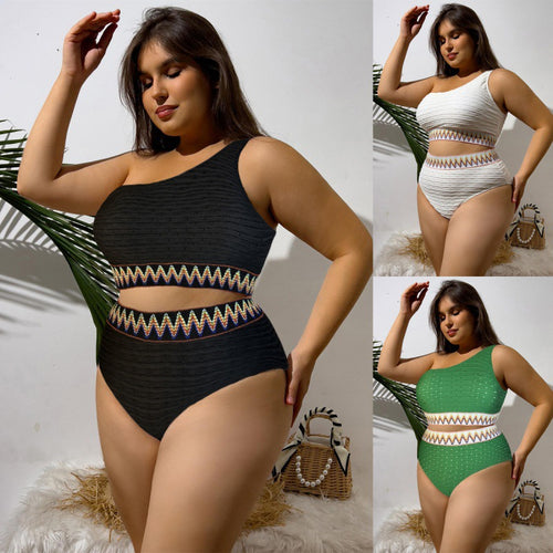 Damen Hochtailliertes Bikini-Set mit asymmetrischem Oberteil und dekorativem Muster Drune