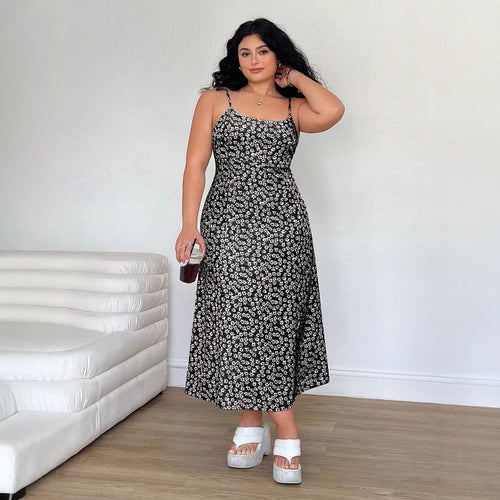 Damen Maxikleid mit feinem Blumenmuster und verstellbaren Spaghettiträgern Drune