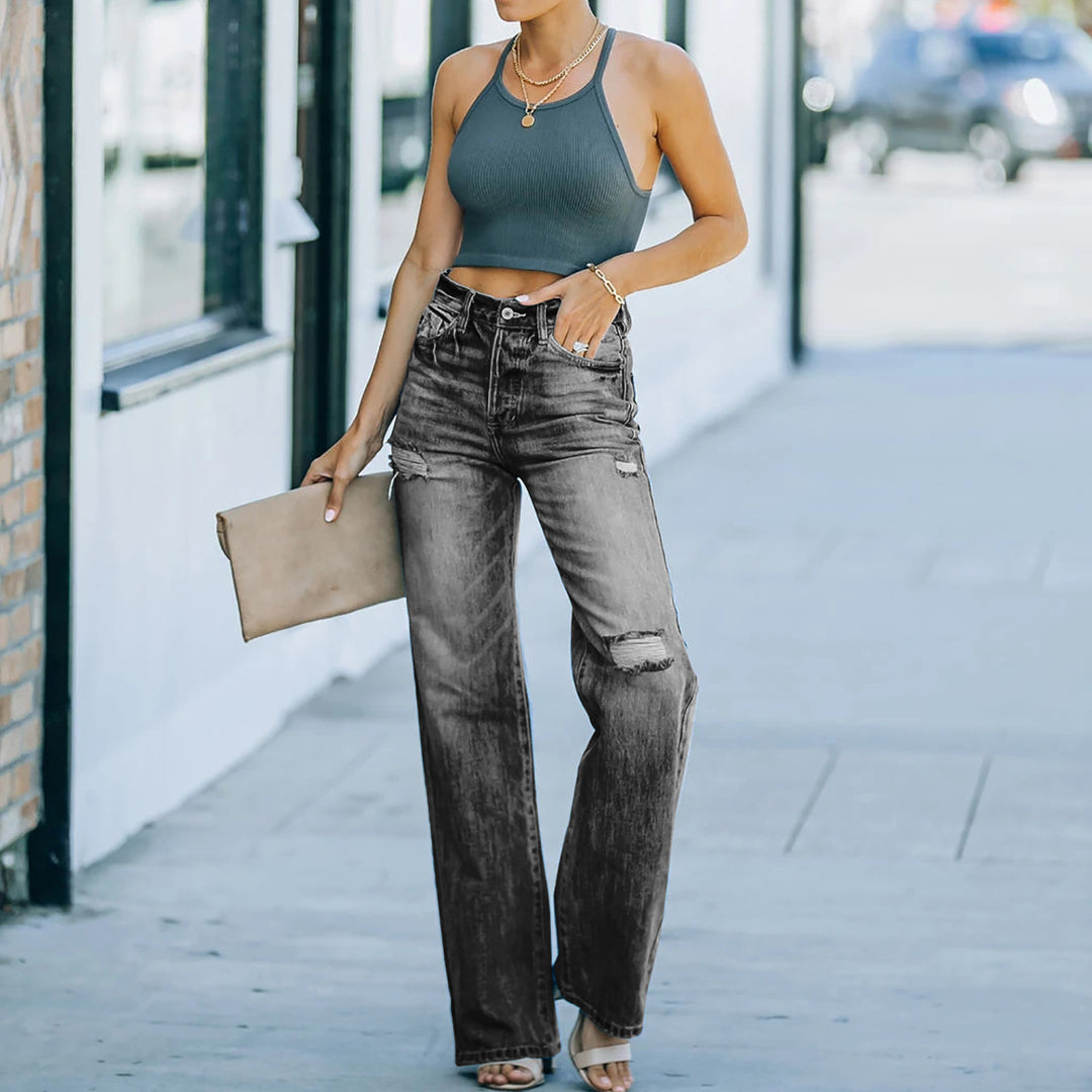 Damen Weit geschnittene Jeans mit Distressed-Effekten und hohem Bund Drune
