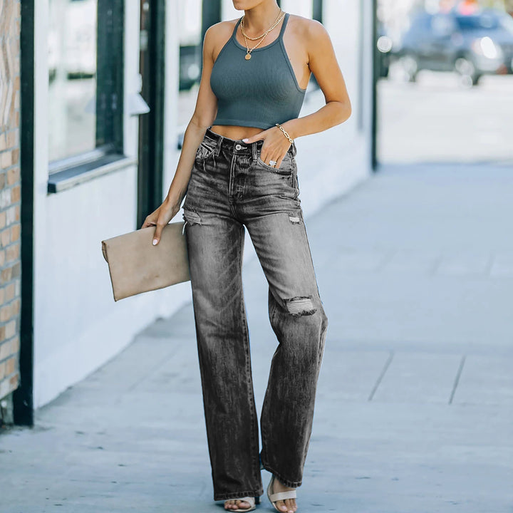 Damen Weit geschnittene Jeans mit Distressed-Effekten und hohem Bund Drune