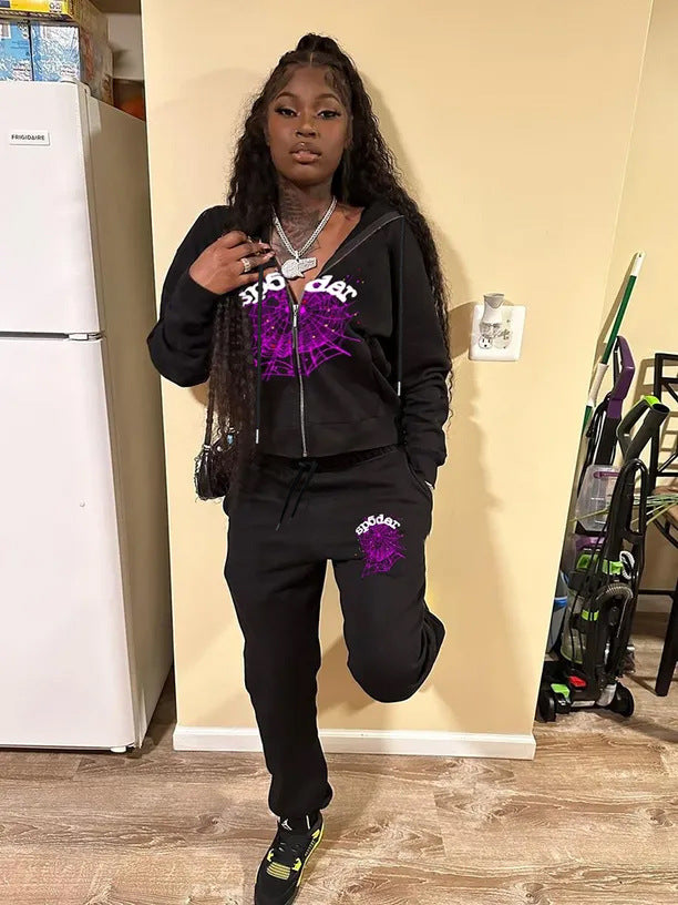 Damen Kapuzenjacke und Jogginghose Set mit auffälligem Webdesign Drune