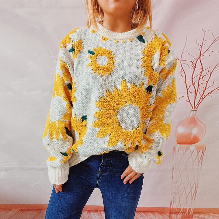 Damen Strickpullover mit floralem Design und Oversize-Schnitt Drune