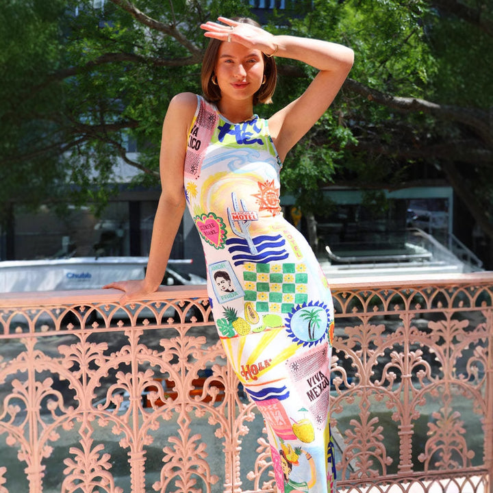 Damen Midikleid mit buntem Grafikdruck und figurbetontem Schnitt Drune