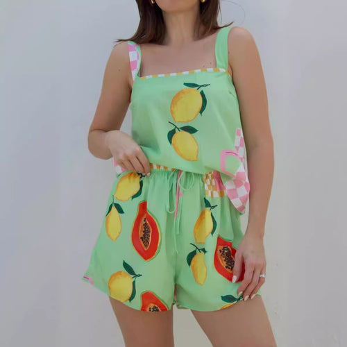 Damen Sommerlicher Zweiteiler mit fruchtigem Print und elastischem Bund Drune