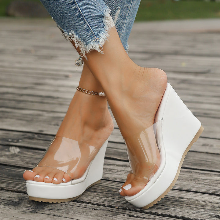 Damen nan transparente Mules mit PVC-Deckriemen, hohem Keilabsatz und rutschfester Laufsohle Drune