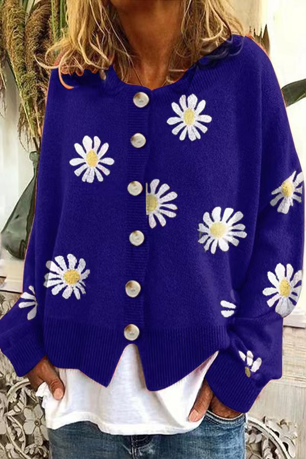 Damen modische Strickjacke mit floralem Muster und kurzen Ärmeln Drune