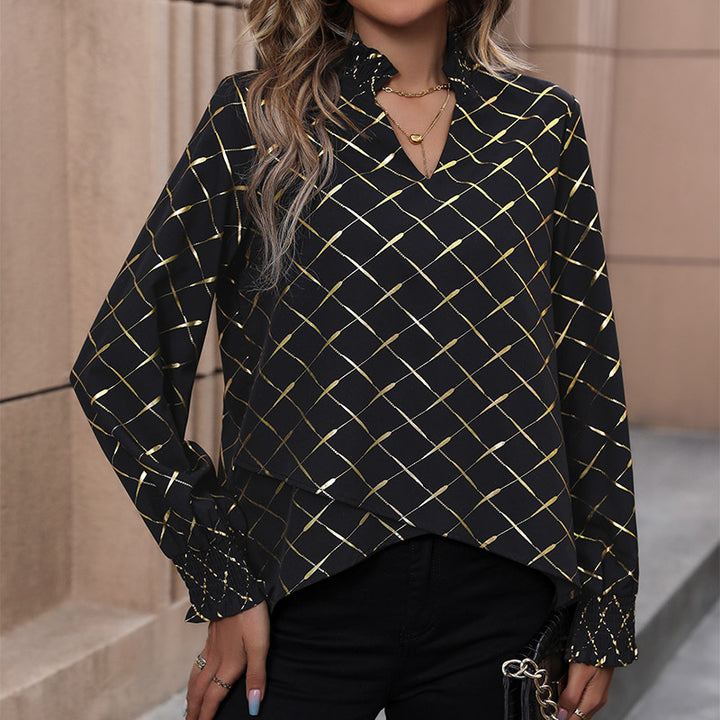 Damen Bluse mit elegantem Rautenmuster und hochgeschlossenen Kragen Drune