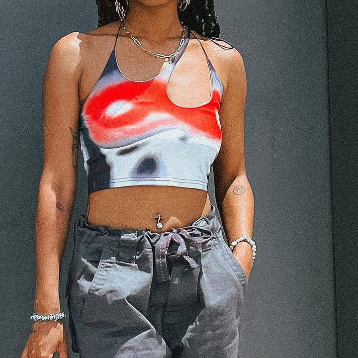 Damen Crop-Top mit asymmetrischem Trägerdesign und lebhaftem Grafikdruck Drune