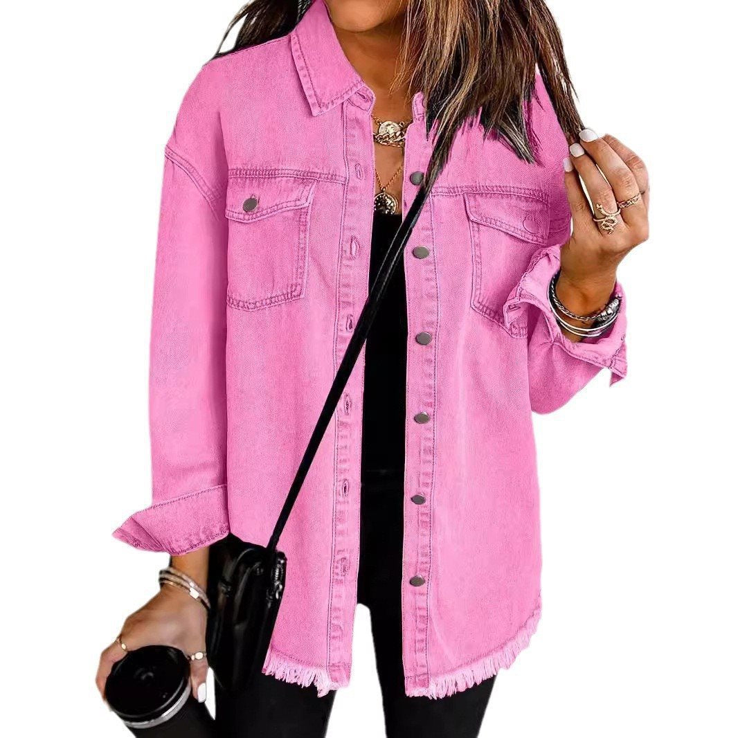 Damen Jeanshemd mit fransigem Saum und praktischen Taschen Drune