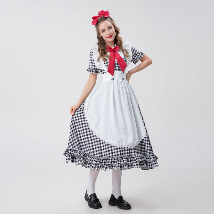 Damen nan Vintage-inspiriertes Karo-Swingkleid mit abnehmbarer Schürze, Rüschenärmeln und Schleifenkragen Drune