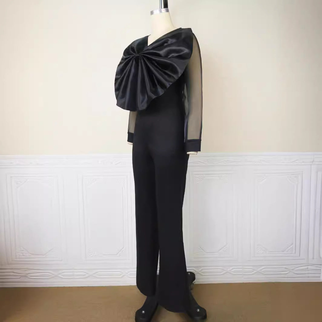Damen eleganter Jumpsuit mit voluminösem Satinkragen und transparenten Ärmeln Drune