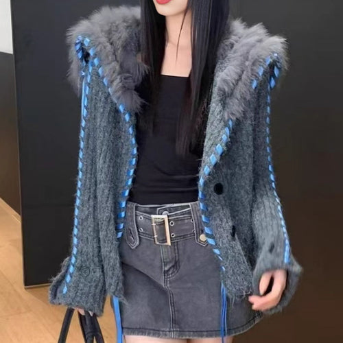Damen Strickjacke mit Kapuze und dekorativem Kunstfell Drune
