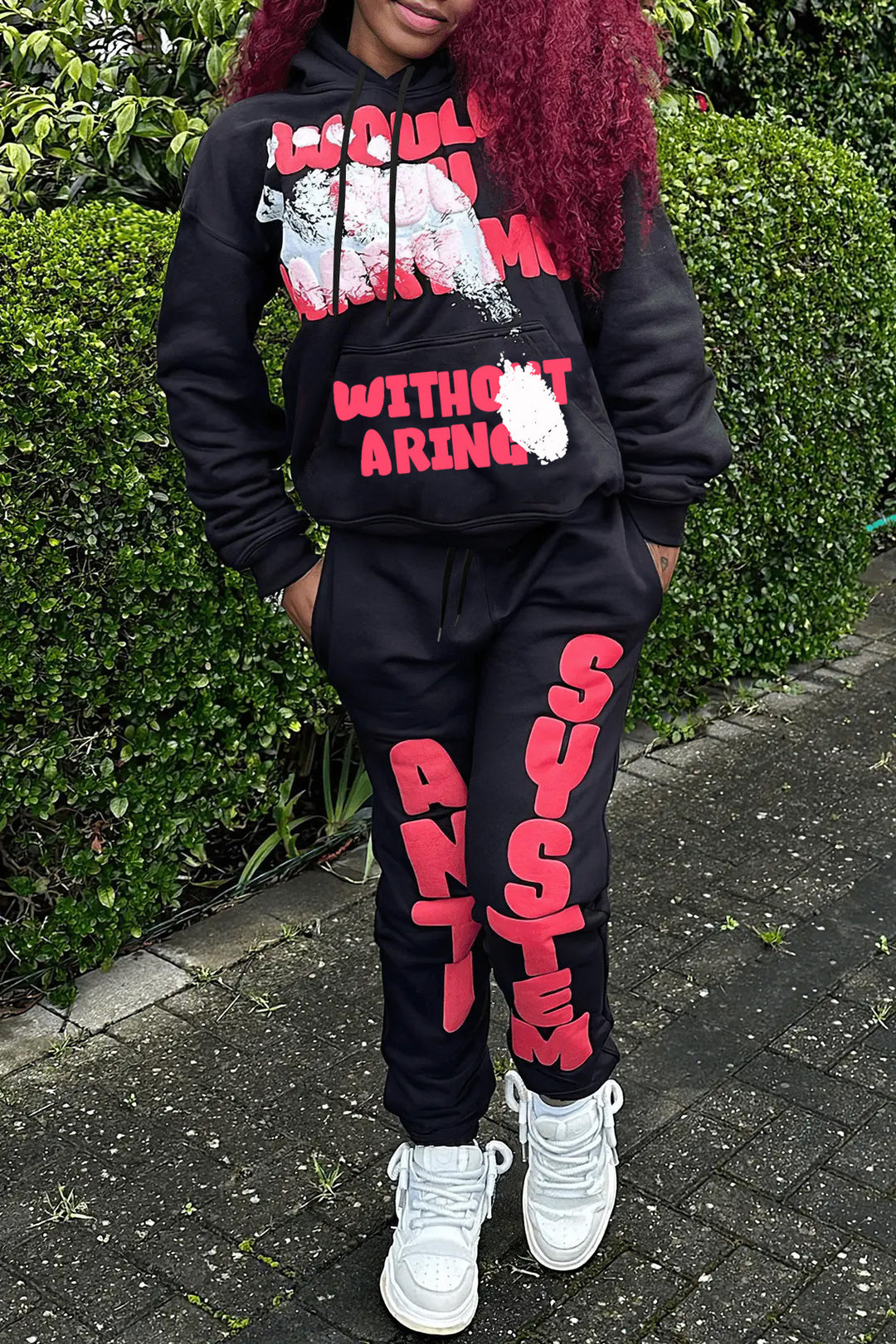Damen Hoodie- und Jogginghose-Set mit auffälligem Schriftzug und gemütlichem Schnitt Drune