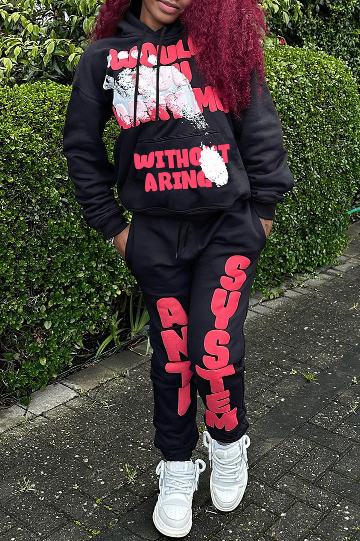 Damen Hoodie- und Jogginghose-Set mit auffälligem Schriftzug und gemütlichem Schnitt Drune