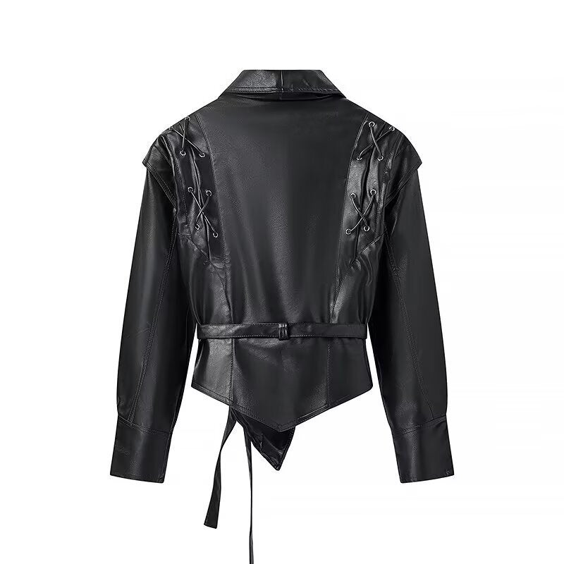 Damen modische Kunstlederjacke mit Taillengürtel und stylishen Schnürdetails Drune
