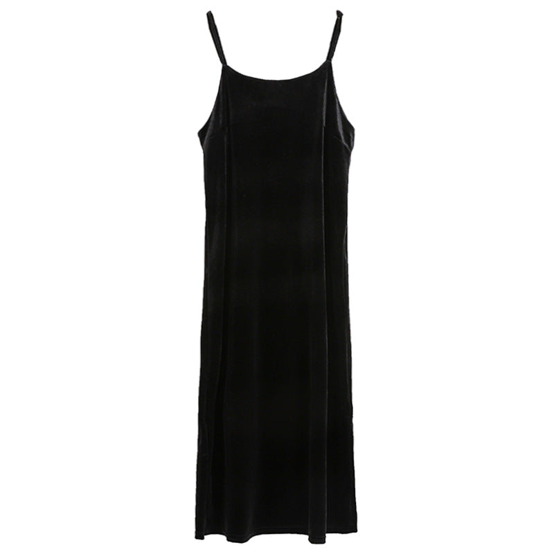 Damen nan elegantes Samt-Camisole-Maxikleid mit schmalen Trägern, geradem Fall und fließender Silhouette Drune