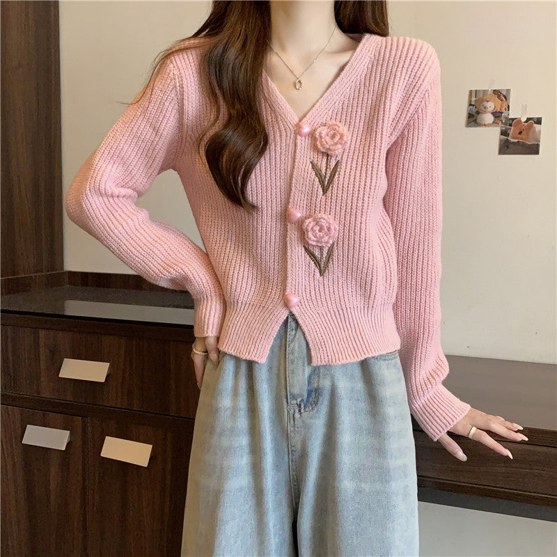 Damen Strickjacke mit floralen Applikationen Drune