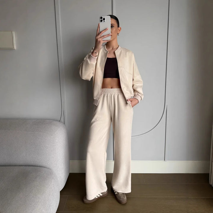 Damen nan zweiteiliges Velours-Loungewear-Set mit kurzem Zip-Hoodie und weiter Highwaist-Hose Drune