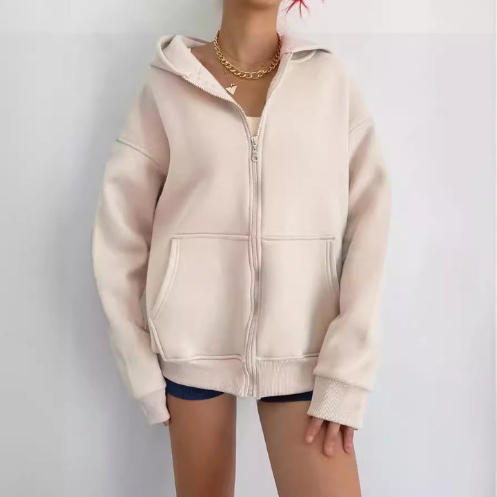 Damen nan minimalistisches French-Terry Zip-Hoodie mit durchgehendem Reißverschluss, Kängurutasche und Daumenloch-Ärmeln Drune