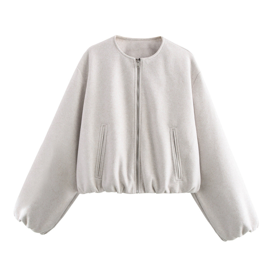 Damen nan kurze Oversize Wollblouson mit Reißverschluss, Ballonärmeln und elastischem Saum Drune