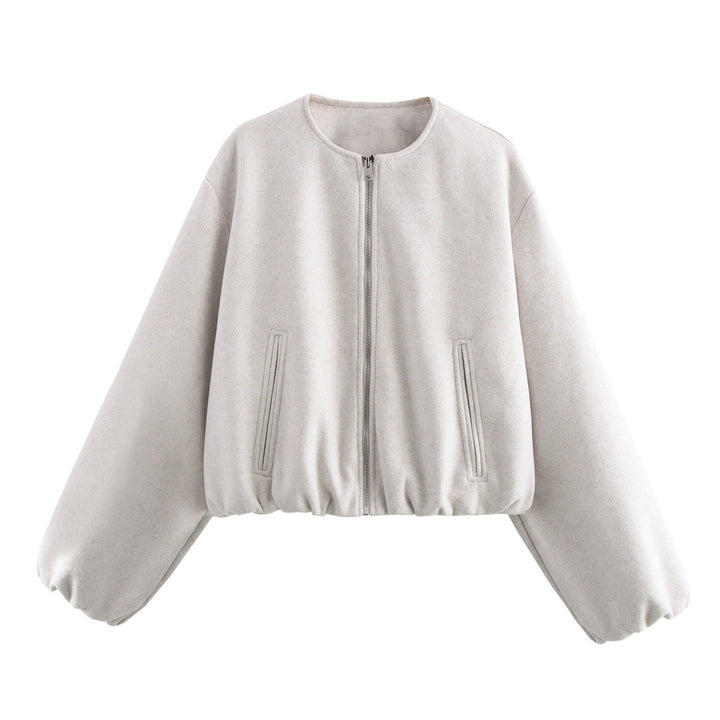 Damen nan kurze Oversize Wollblouson mit Reißverschluss, Ballonärmeln und elastischem Saum Drune
