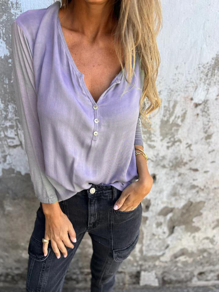 Damen Langarmshirt mit Knopfdetails und elegantem V-Ausschnitt Drune