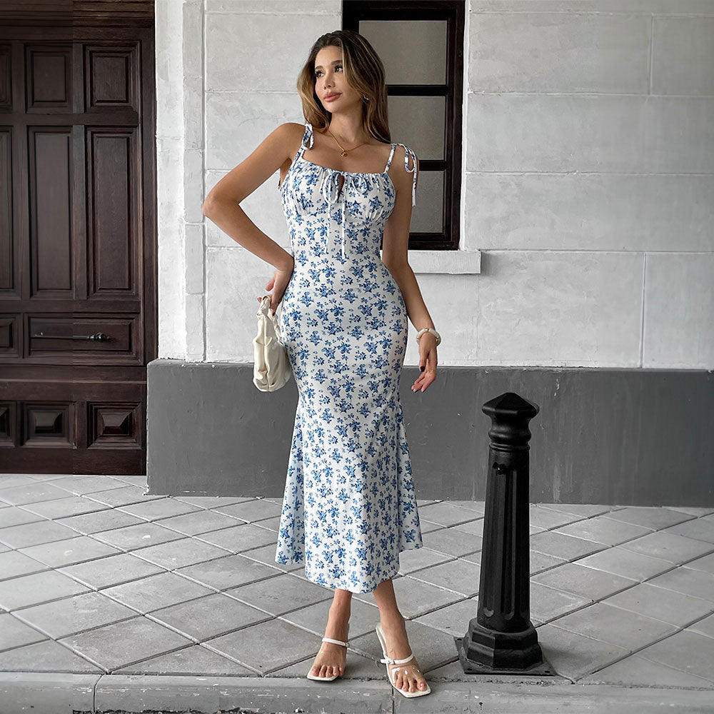Damen Fließendes Maxikleid mit Blumenmuster und verstellbaren Trägern Drune
