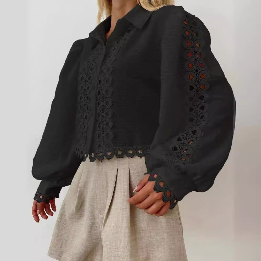 Damen Elegante Bluse mit raffiniertem Stickmuster und Ballonärmel Drune