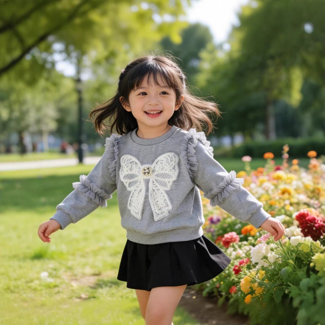 Mädchen Sweatshirt mit Rüschendetails und dekorativem Schleifenmotiv Drune