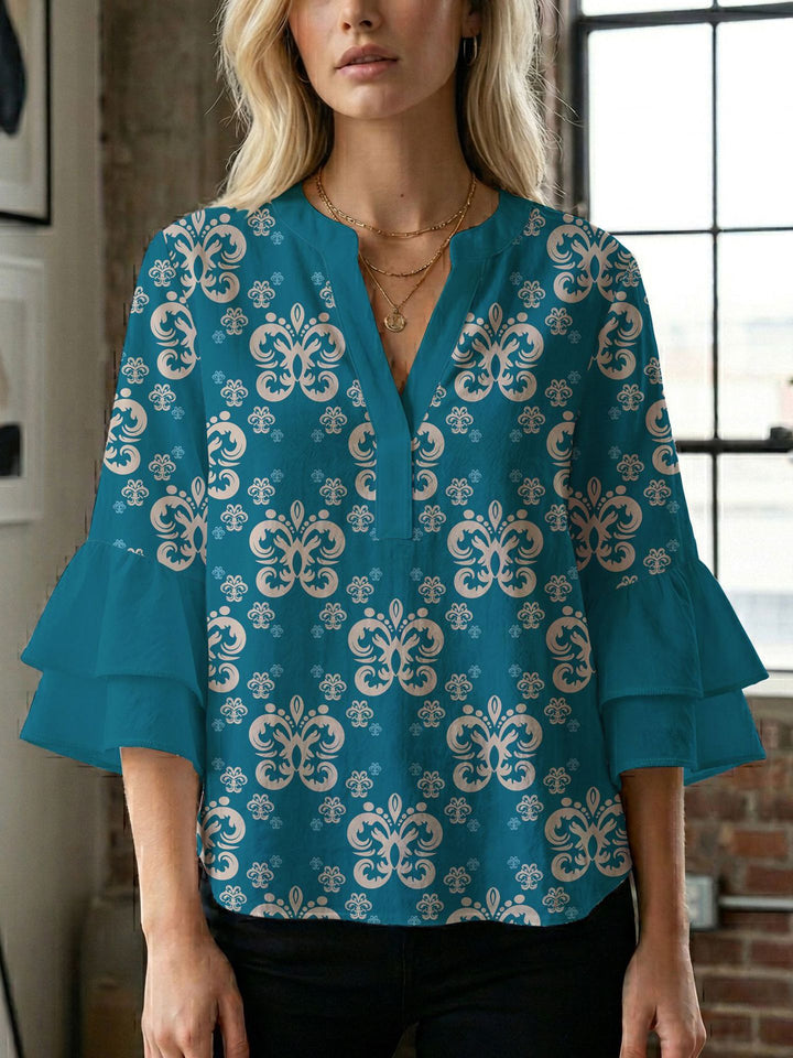 Damen Blusenshirt mit voluminösen Ärmeln und kreativem Druckdesign Drune