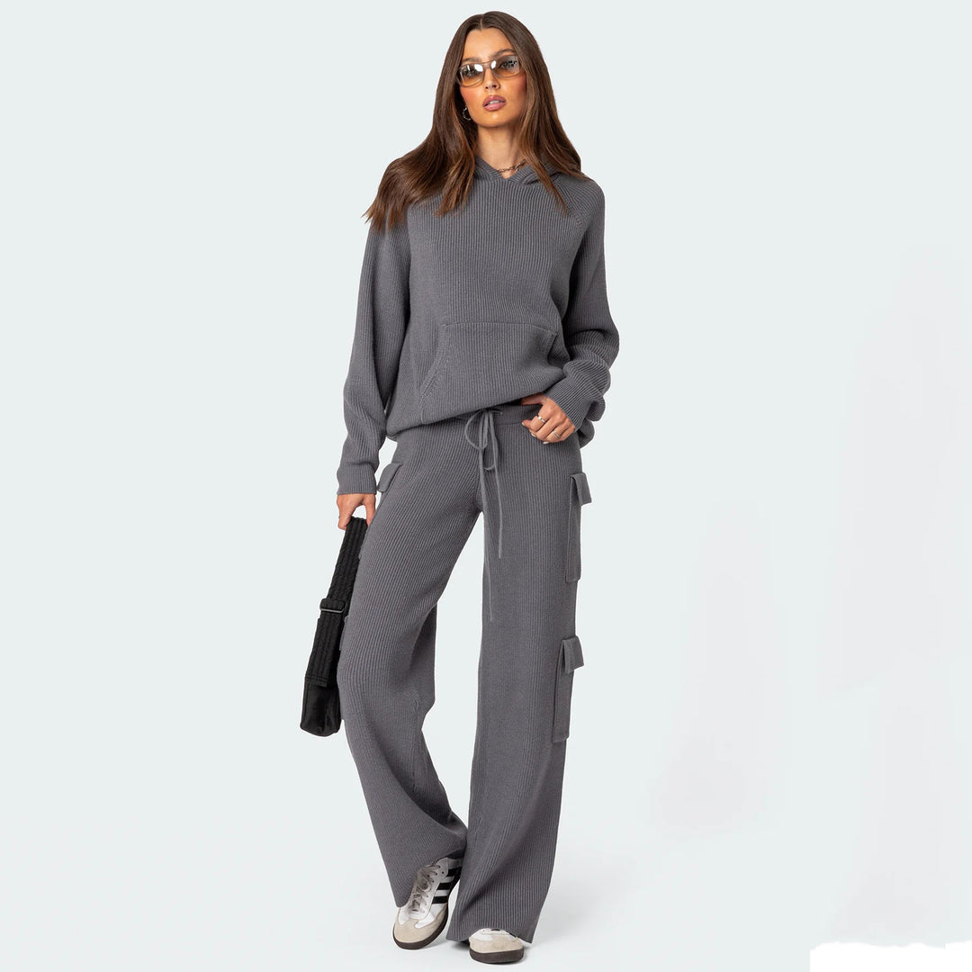 Damen nan gerippter Kapuzenpullover aus Feinstrick mit Kängurutasche und relaxed Fit Drune