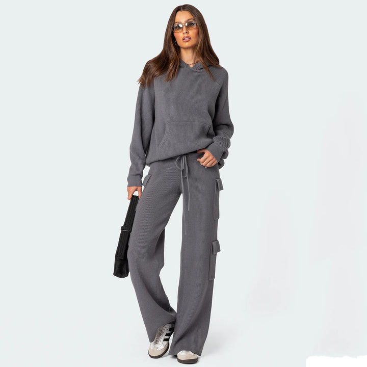 Damen nan gerippter Kapuzenpullover aus Feinstrick mit Kängurutasche und relaxed Fit Drune