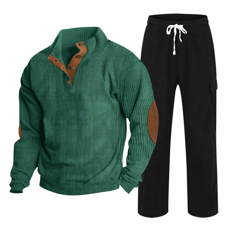 Herren nan Strick-Freizeitset mit Knopfleiste und Ellenbogenaufnähern sowie Cord-Cargohose Drune