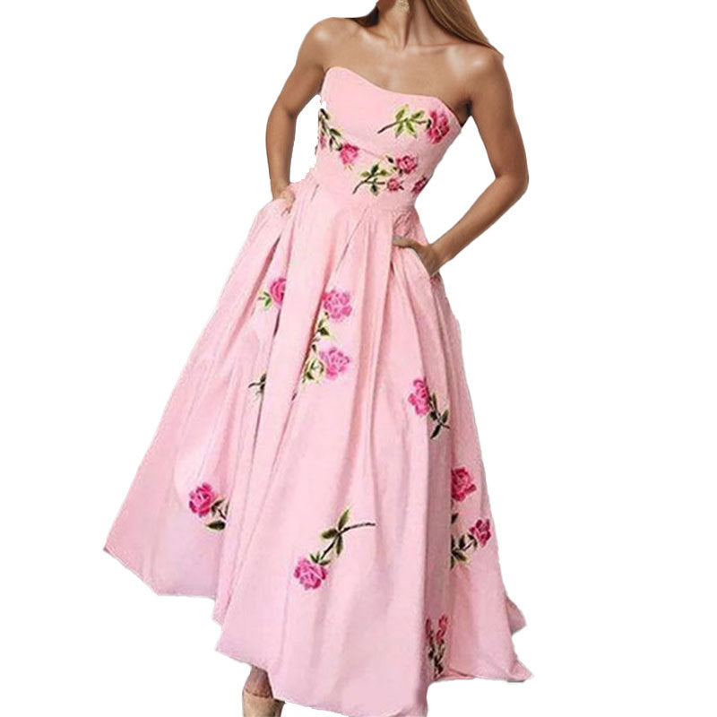 Damen Strapless Ballkleid mit eleganten Stickereien und weitem Rock Drune