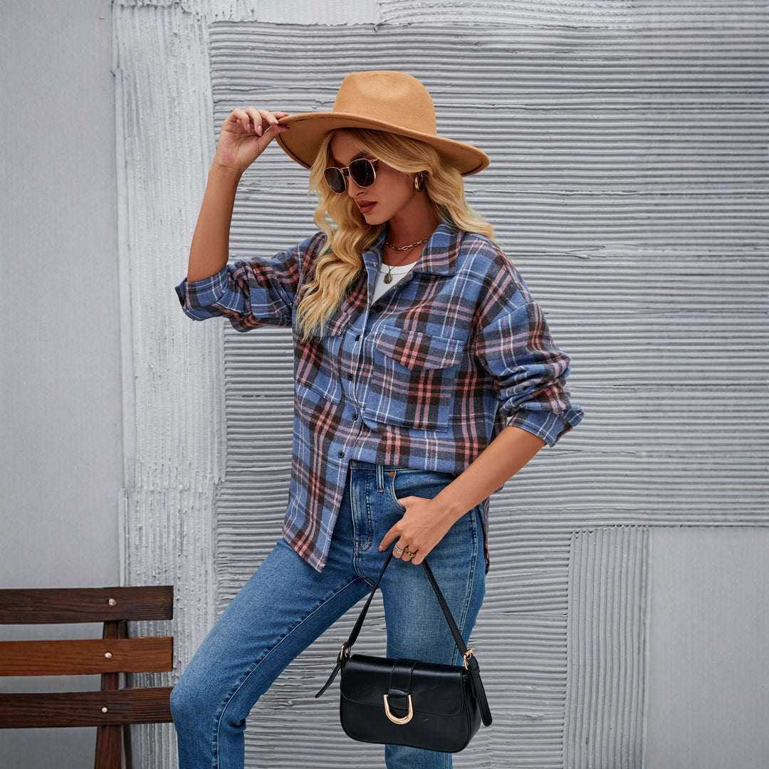 Damen Flanellhemd mit kariertem Muster und zwei Brusttaschen Drune