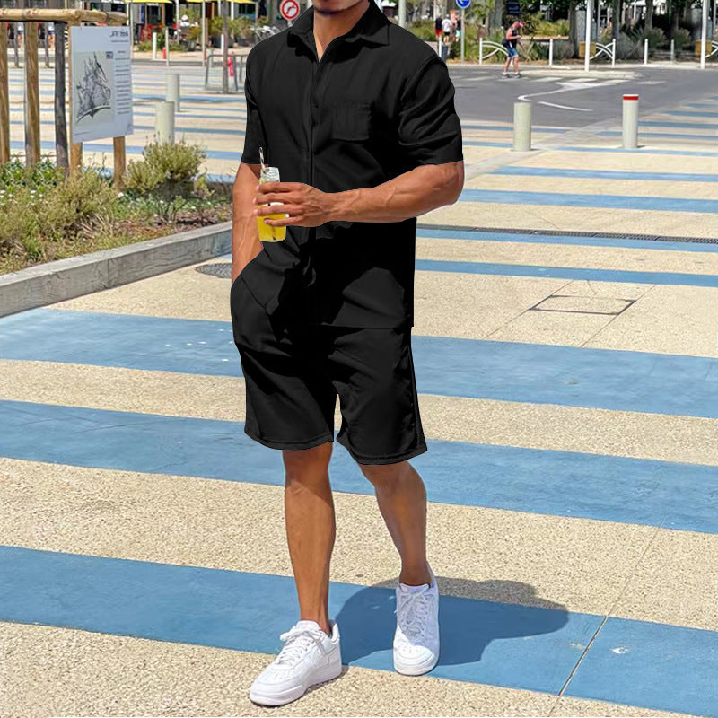 Herren nan legeres Resort-Zweiteiler mit offenem Kurzarm-Hemd, Brusttasche und elastischer Bermuda Drune