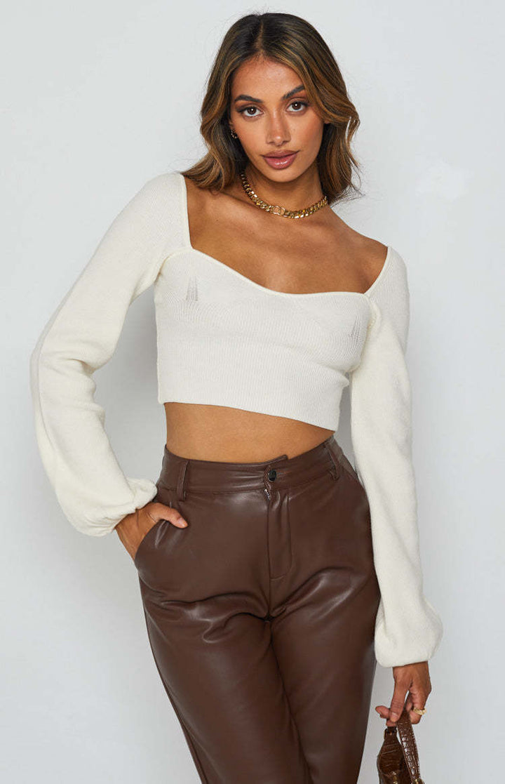Damen lässiges Crop-Top mit weitem Arm und Rippstruktur Drune