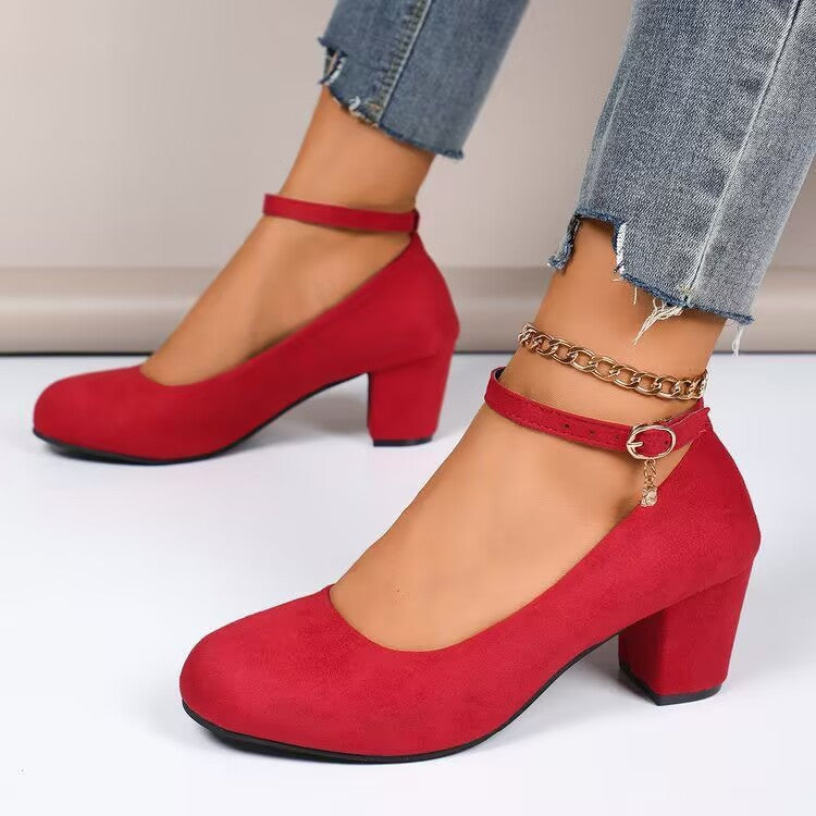 Damen Elegante Pumps mit breitem Blockabsatz und verstellbarem Knöchelriemen Drune
