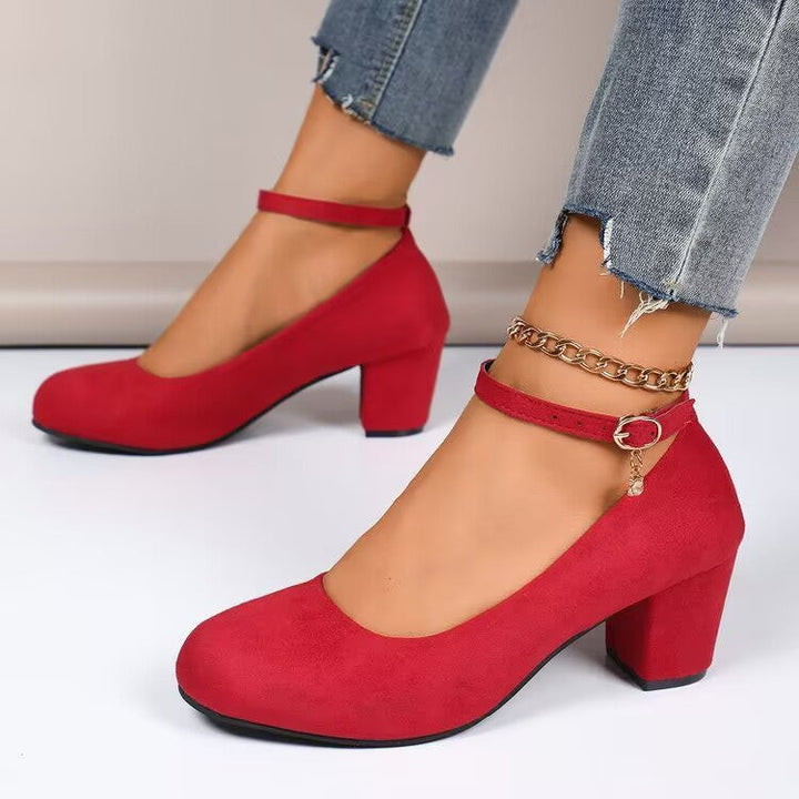 Damen Elegante Pumps mit breitem Blockabsatz und verstellbarem Knöchelriemen Drune