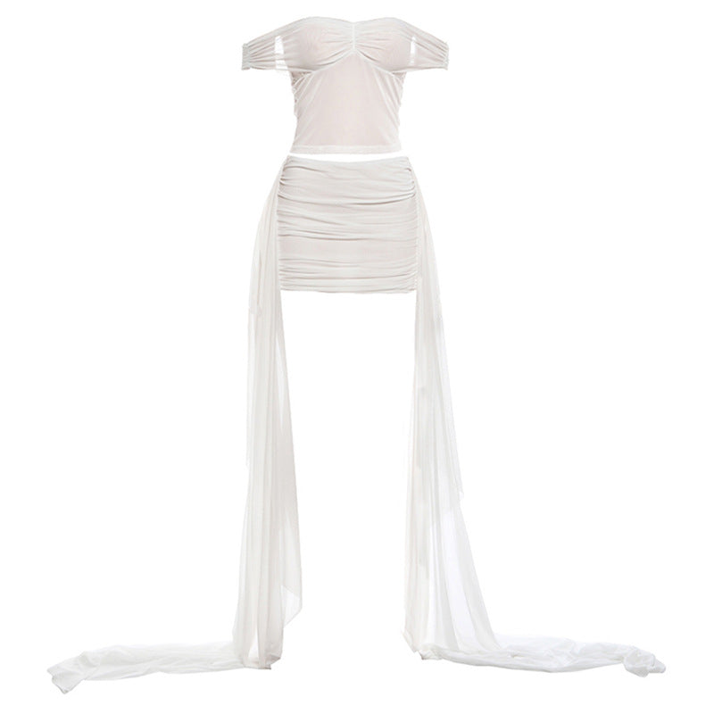 Damen Off-Shoulder Minikleid mit fließendem Chiffon und Raffung Drune