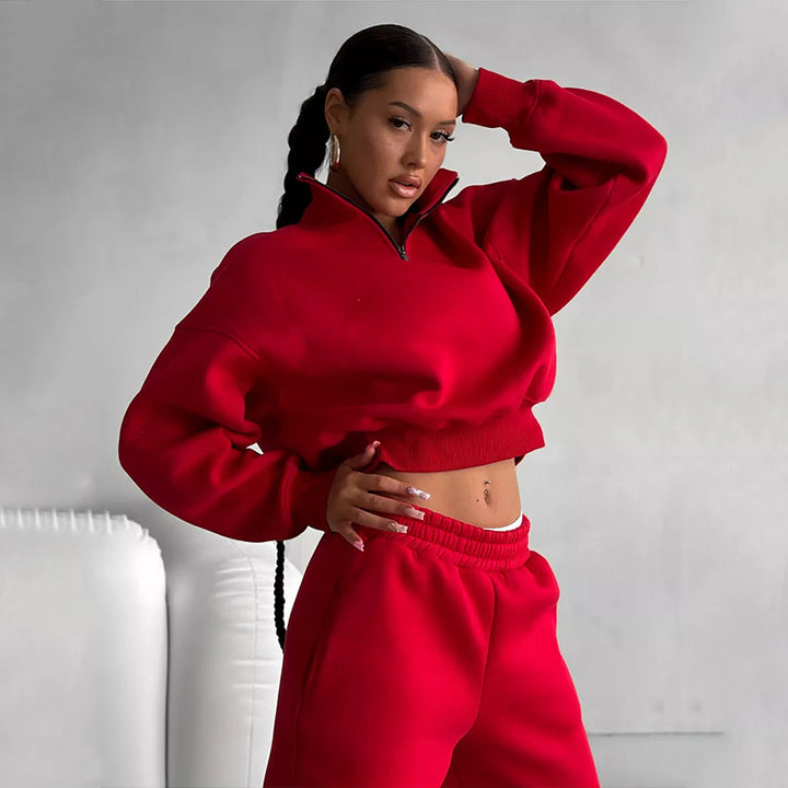 Damen Sportliches Sweatshirt mit hohem Kragen und bequemen Jogginghosen Drune