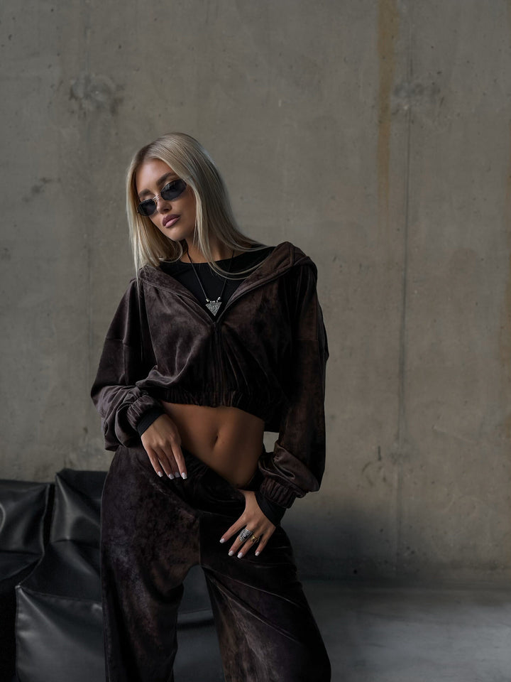 Damen Sportlicher Fleece-Jogginganzug mit hohem Kragen und weiten Ärmeln Drune