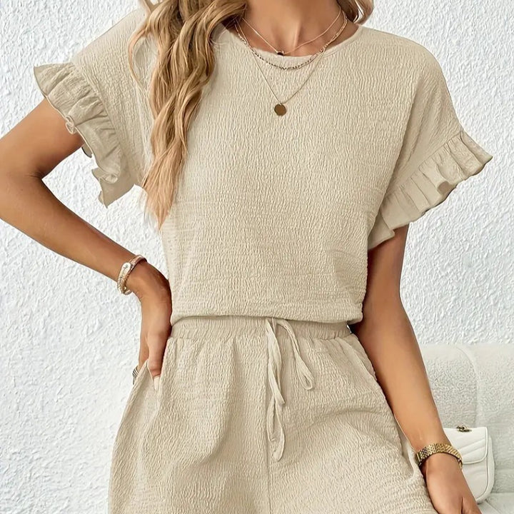 Damen lässiger Shortsanzug mit Rüschendetails und elastischem Taillenzug Drune