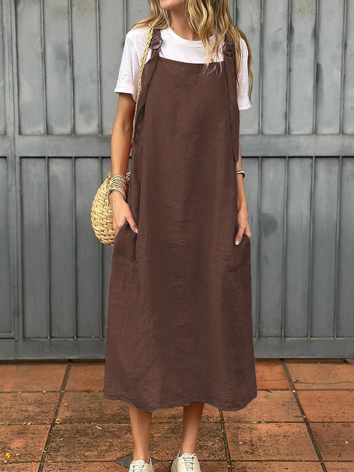 Damen Lässiges Leinenkleid mit praktischen Trägerdetails und großen Taschen Drune