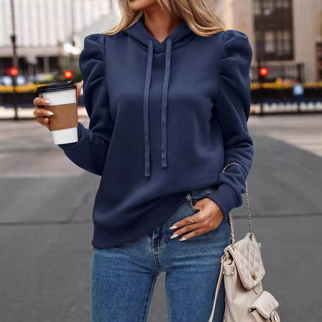 Damen lässiger Kapuzenpullover mit Puffärmeln Drune
