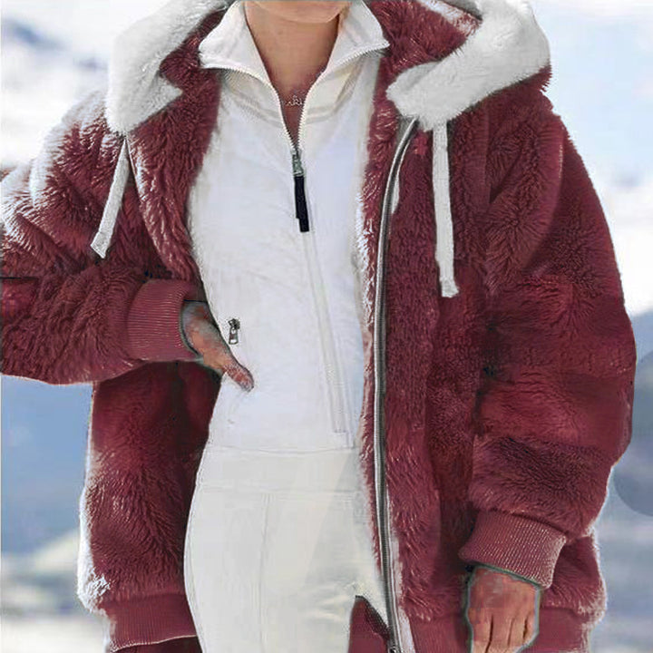 Damen nan kuschelige Kapuzen-Teddyjacke mit wattiertem Innenfutter und Rippbündchen Drune