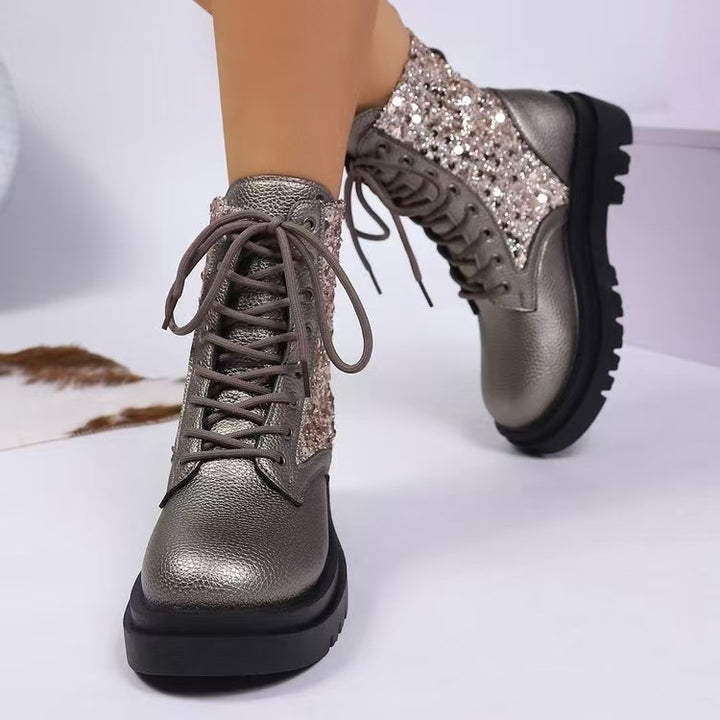 Damen nan glitzernde Schnür-Bikerboots mit robust profilierter Sohle und metallisch genarbter Oberfläche Drune