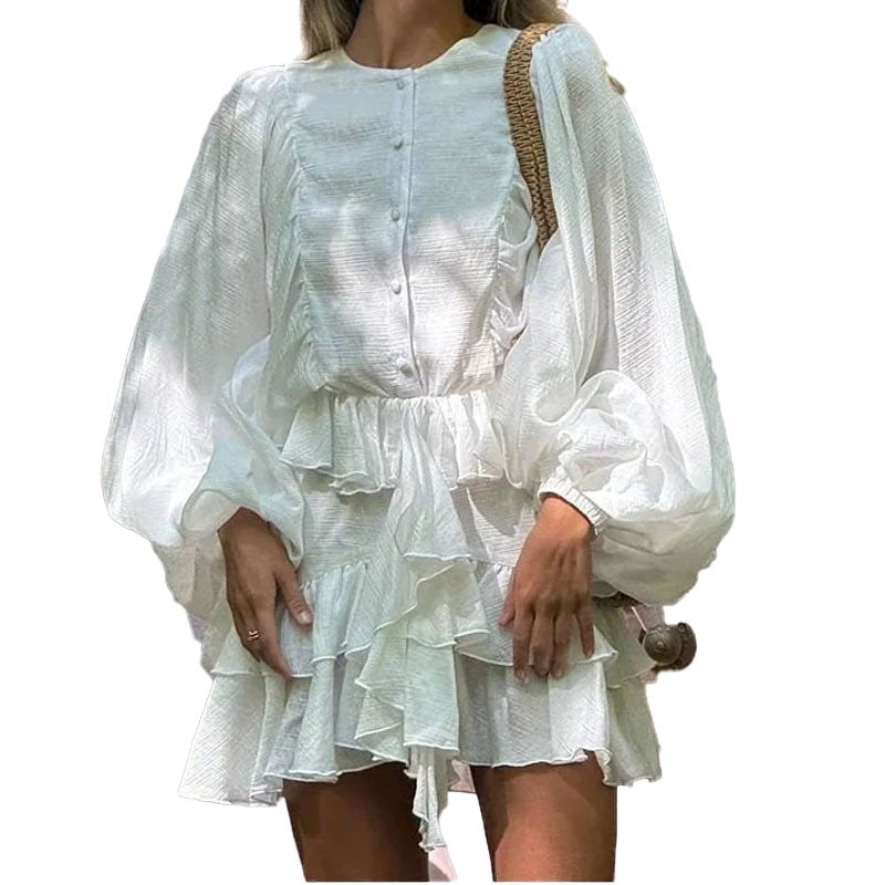 Damen verspieltes Rüschensommerkleid mit ballonförmigen Ärmeln und Knopfdetail Drune