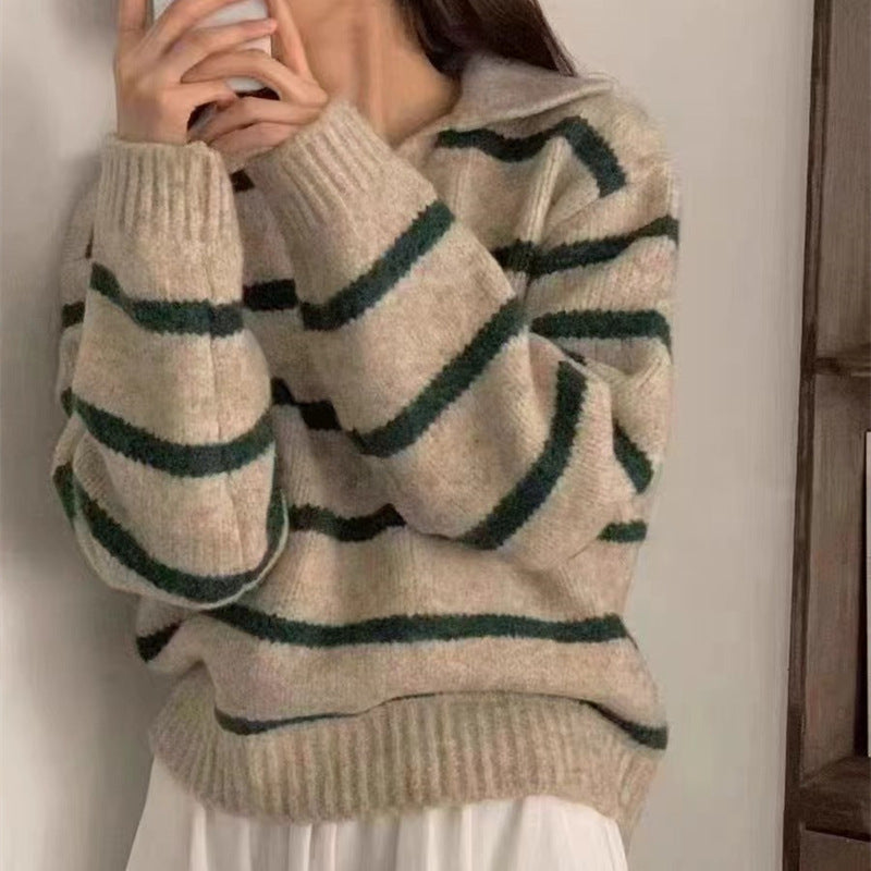 Damen Elegante Pullover mit Streifenmuster und Kragen Drune