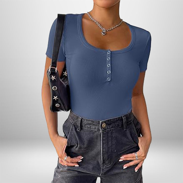 Damen Kurzarm Bodysuit mit Knopfdetails und figurbetonter Silhouette Drune
